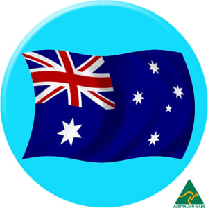 A 25mm button badge featuring an Australian flag design on a bright blue background, with a logo present.
