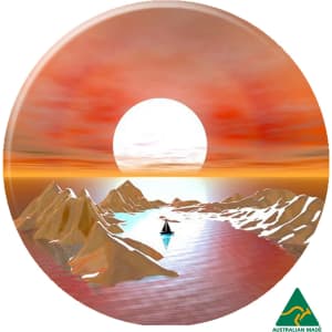 A circular button badge featuring an artistic landscape with mountains, a setting sun, and a small sailboat on water.