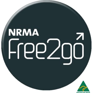 A 90mm black button badge featuring the NRMA Free2go branding and an Australian Made logo.
