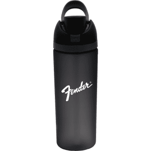 A drink bottle in black with a handle and a logo, featuring a sleek, contemporary design.