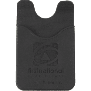 A black phone wallet featuring a curved top and an embossed logo. Ideal for holding cards and cash.