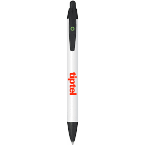 A plastic pen with a white barrel and black accents, featuring a logo on the side.