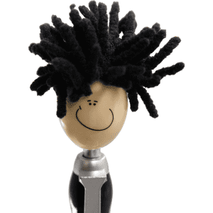 A Mop Head Pen with Stylus featuring a smiling face and a tuft of black yarn as hair.