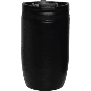 A drink bottle featuring a sleek black design with a secure lid, suitable for travel. It has a branded logo.