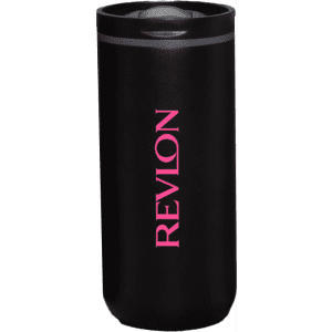 A drink bottle featuring a sleek black design with a pink logo. It has a vacuum-insulated structure.