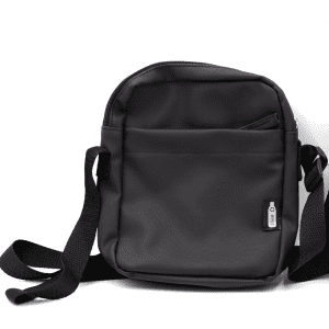 A black messenger bag with an adjustable strap and a zippered pocket. It features a small logo on the side.