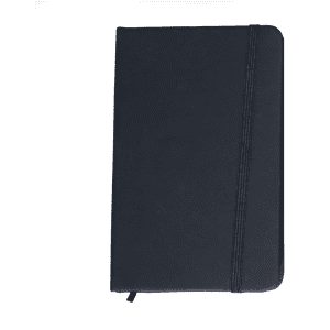 A black A6 notebook with a subtle textured cover and an elastic band closure. It features branding on the front.