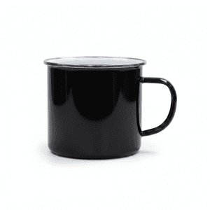 A black mug with a silver rim and a handle, featuring a polished finish and a circular opening.