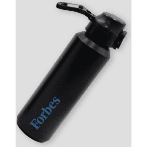 A drink bottle in matte black featuring a logo, with a flip-top cap and a carrying handle.