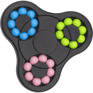 A tri-coloured puzzle game in black, featuring blue, green, pink, and violet spheres arranged in circular patterns.