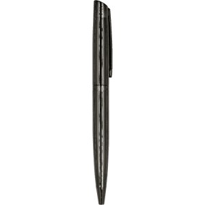 A sleek black metal ball pen with a smooth finish and a clip for easy attachment. It features a minimalist design.