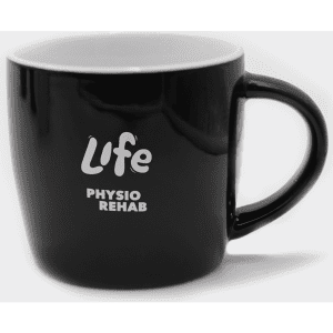 A black ceramic mug with a curved design and a handle, featuring a logo on the front.