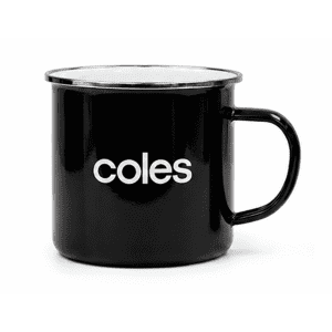 A black enamel mug with a silver rim and a branded logo. Simple, sturdy design with a handle.