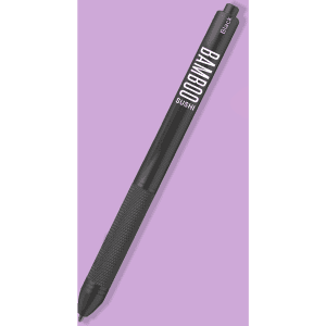 A black metal pen with a textured grip and a logo, featuring a sleek, stylish design.