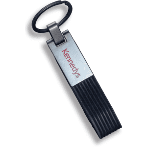 A black PU strap keyring with a metallic silver attachment and a logo.