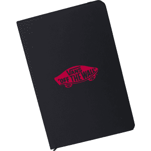 A black A5 notebook featuring a vibrant pink logo on the cover. It has a sleek, minimalist design.