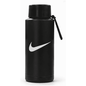 A drink bottle in black with a silver logo, featuring a secure lid and a carry strap.