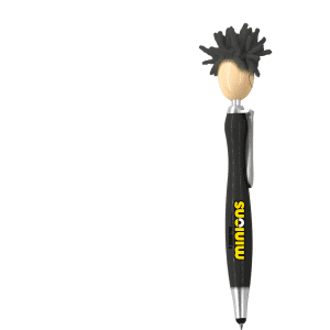 A pen featuring a black stylus end and a character head with spiky hair. It has a branding logo.