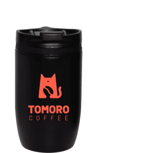 A drink bottle featuring a black vacuum cup with a cat logo in red. It has a secure lid for easy drinking.