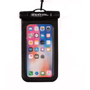A waterproof phone pouch in black, featuring a clear front to display a smartphone screen and a hanging strap.