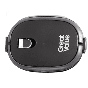A lunch box in black with a grey clasp and a logo. Designed for convenient storage and transport.
