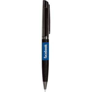 A black ballpoint pen featuring a metal clip and a blue section with a logo.
