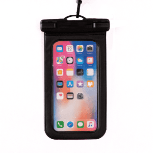 A waterproof phone pouch in black, designed to protect a smartphone, with a clear front for visibility.