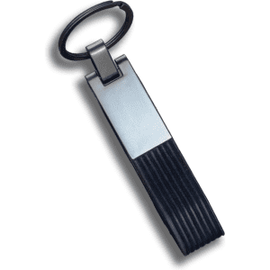 A sleek, rectangular PU strap keyring in black with a metal attachment loop.