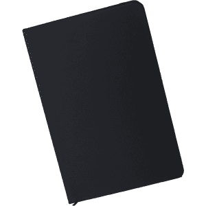 A black A5 notebook with a smooth cover and a logo on the front.