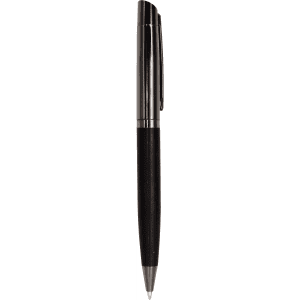 A black wooden and metal ballpoint pen, featuring a sleek design and a shiny clip, with a logo on the barrel.