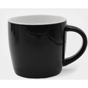 A black ceramic mug with a white interior and a sturdy handle. It has a smooth finish and a logo.