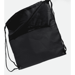 A black drawstring bag with a zippered pocket and adjustable shoulder straps. It features a simple design and has a logo.
