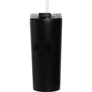 A drink bottle in sleek black finish with a clear lid and straw, featuring a branding logo.