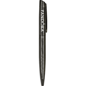 A metallic black ballpoint pen with a clip and a logo, featuring a sleek and elegant design.