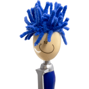 A pen with a smiling face, featuring a blue mop-like head made of chenille, and a silver grip.