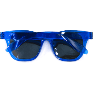 A pair of blue, polarised sunglasses with dark lenses and a sleek design. Features a logo on the side.