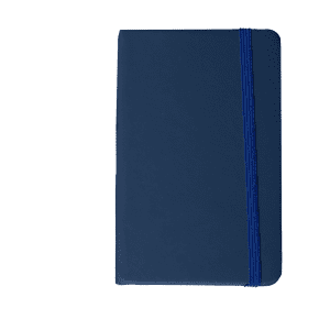 A navy blue A6 notebook with a ribbon band and a logo on the cover.