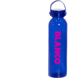 A drink bottle in blue with a pink logo. It has a screw-top lid and a handle for easy carrying.