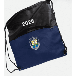 A black and navy drawstring bag featuring a logo and zippered pocket, designed for practicality and style.
