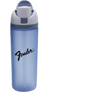 A drink bottle in transparent blue with a grey lid and a logo. Suitable for holding 700ml of liquid.