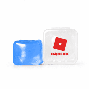 A blue jelly cube sensory toy inside a clear container with a red logo on the lid.