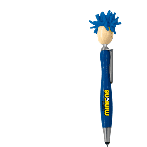 A blue pen featuring a whimsical mop head design, with a stylus tip and a logo on the body.