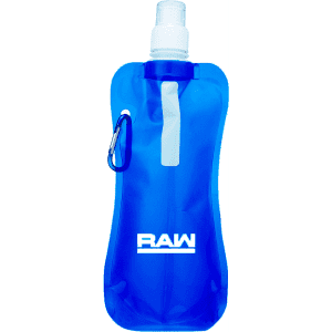 A drink bottle in a bright blue colour with a flexible design and a carabiner attachment, featuring a logo.