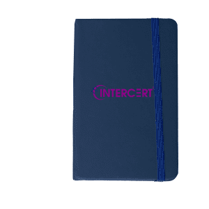 A navy blue notebook with a band, featuring a logo on the cover.