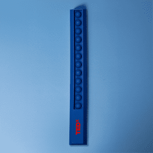 A blue popper ruler with multiple poppable buttons and a branded logo on one side.