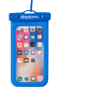 A blue waterproof phone pouch with a transparent front, featuring a logo on the top.