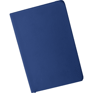A navy blue A5 notebook with a smooth cover and a simple design. It includes a logo on the front.