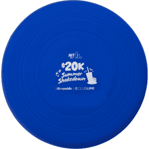 A blue silicon frisbee featuring a logo and promotional text in the centre.