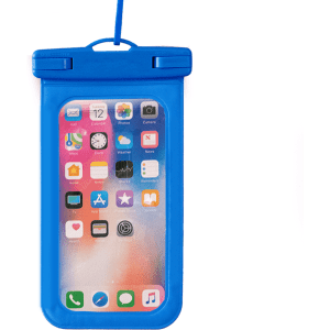 A blue waterproof phone pouch with a transparent front, featuring a loop for hanging and a secure closure.