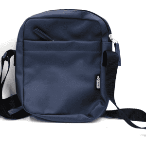 A navy blue messenger bag with a front pocket and an adjustable strap, featuring a logo.